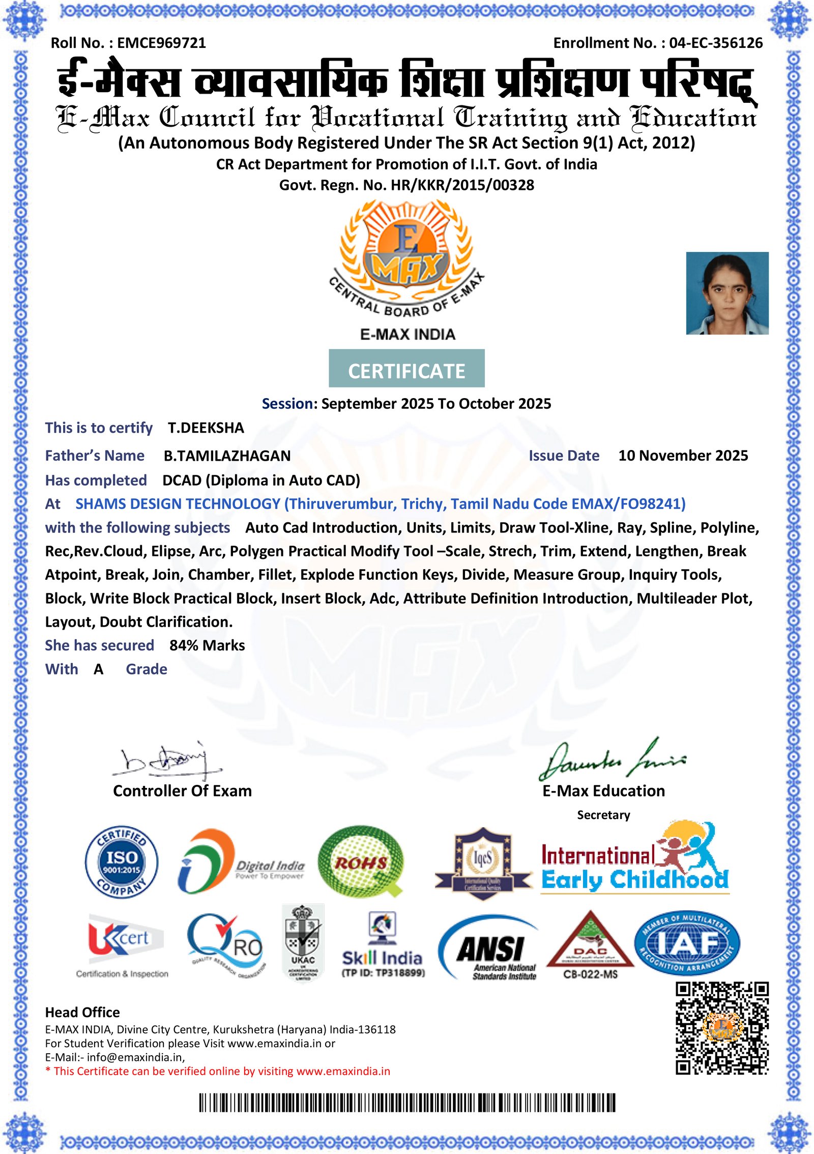 AutoCAD Course Completion Certificate